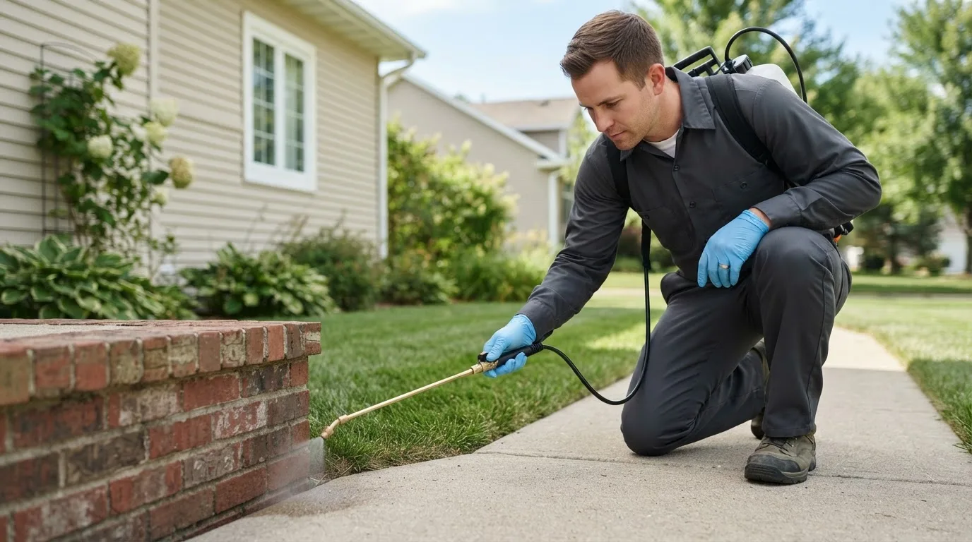 Pest control technician treating a home near Fertile, MN